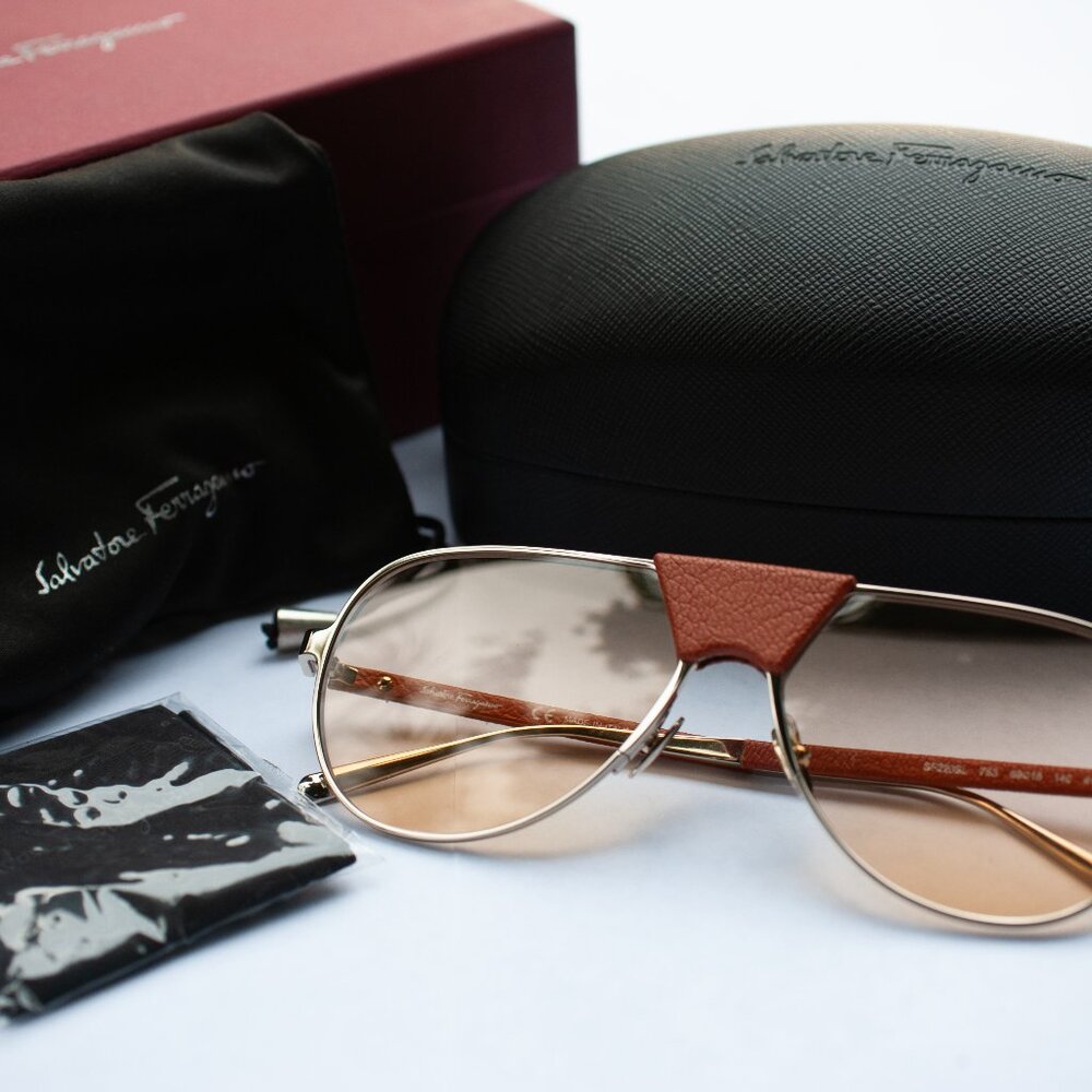 Gold Orange Salvatore Ferragamo Leather Aviator Sunglasses SF220SL GUCCI